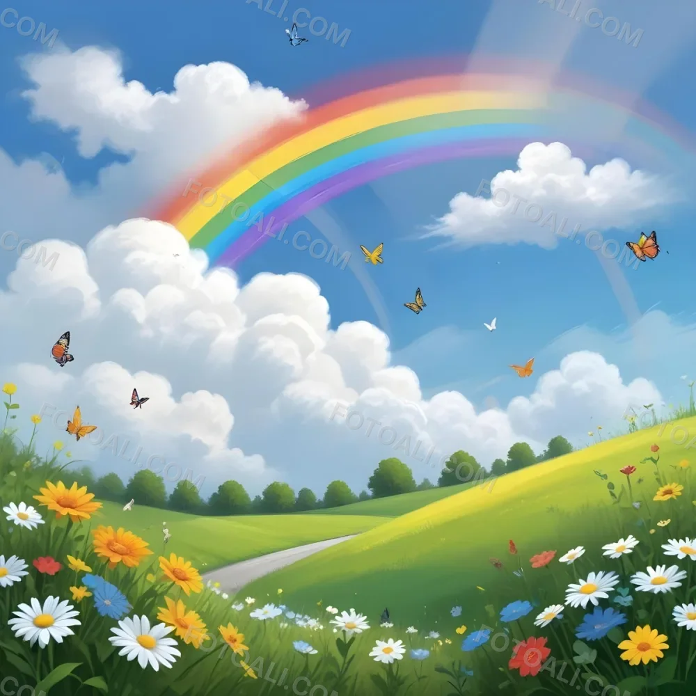 Digital Painting A White Cloud In A Blue Sky With A Rainbow A Yellow Sun And A White Cloud Green Grass With Flowers And Butterflies Bold And Slim Lines Brush Strokes 9 6481