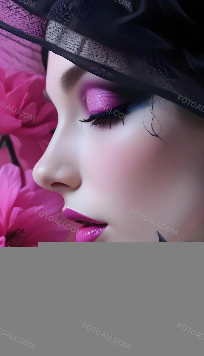 Digital Painting A White Woman 22 Years Old Black Lips And Black Eyeshadow Black Veil Pink Flower In The Foreground Pink Background Bold And Slim Lines Brush Strokes 1 Adfb