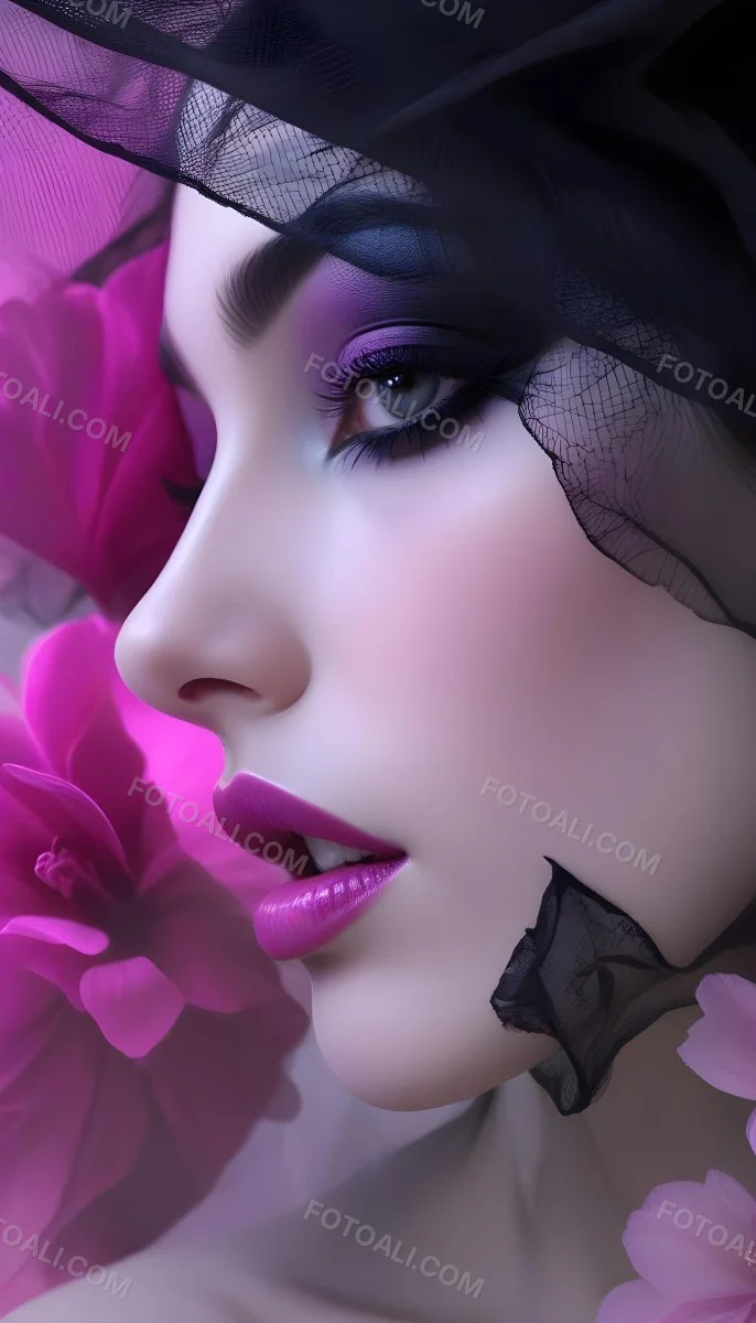 Digital Painting A White Woman 22 Years Old Black Lips And Black Eyeshadow Black Veil Pink Flower In The Foreground Pink Background Bold And Slim Lines Brush Strokes 10 7d88