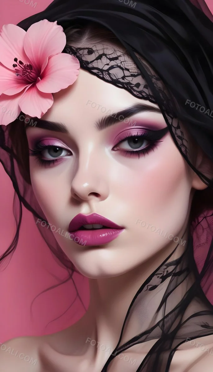 Digital Painting A White Woman 22 Years Old Black Lips And Black Eyeshadow Black Veil Pink Flower In The Foreground Pink Background Bold And Slim Lines Brush Strokes 15 9374
