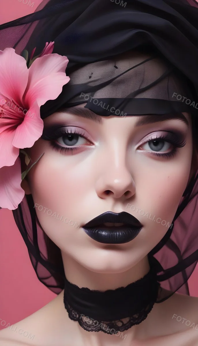 Digital Painting A White Woman 22 Years Old Black Lips And Black Eyeshadow Black Veil Pink Flower In The Foreground Pink Background Bold And Slim Lines Brush Strokes 16 9094