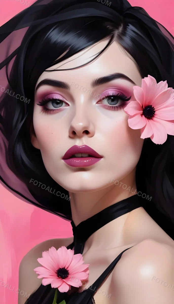 Digital Painting A White Woman 22 Years Old Black Lips And Black Eyeshadow Black Veil Pink Flower In The Foreground Pink Background Bold And Slim Lines Brush Strokes 23 E01f