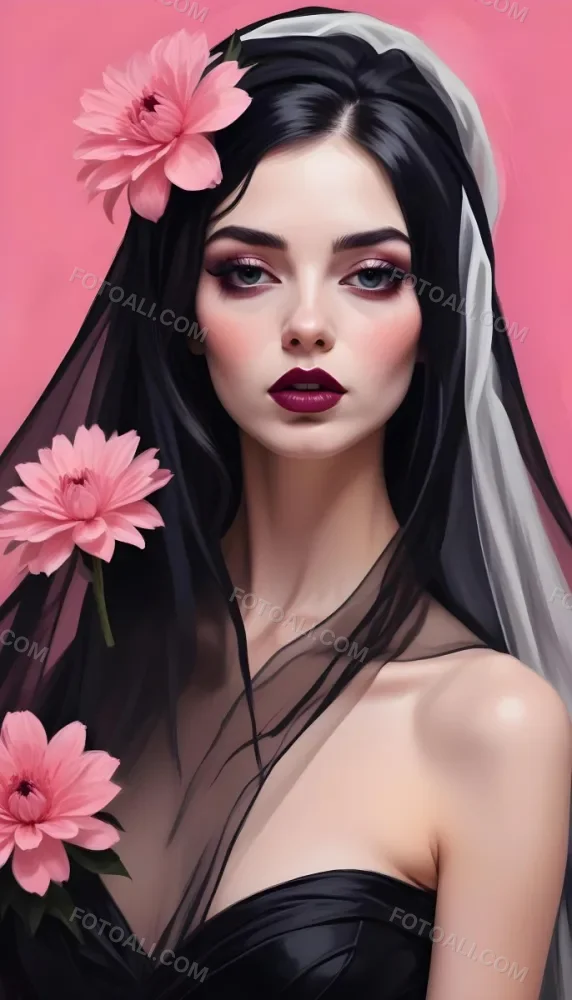 Digital Painting A White Woman 22 Years Old Black Lips And Black Eyeshadow Black Veil Pink Flower In The Foreground Pink Background Bold And Slim Lines Brush Strokes 3 A34a
