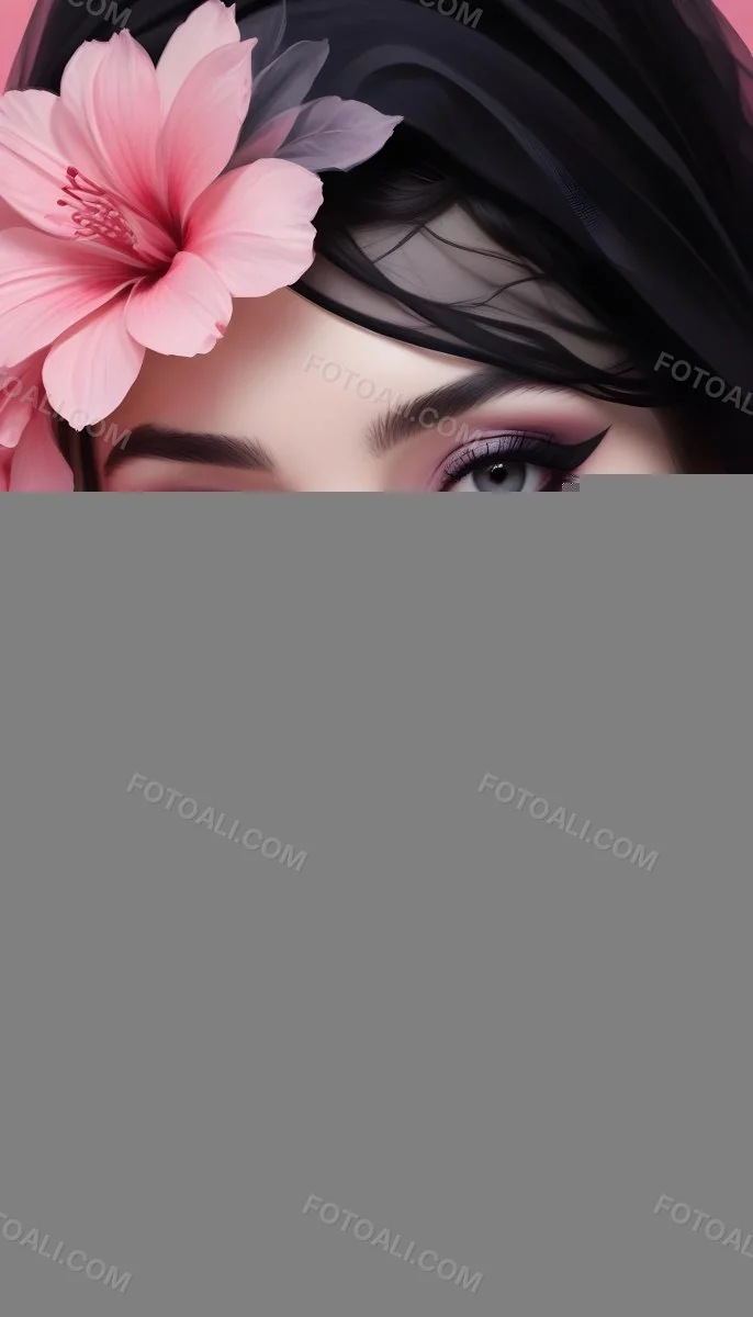 Digital Painting A White Woman 22 Years Old Black Lips And Black Eyeshadow Black Veil Pink Flower In The Foreground Pink Background Bold And Slim Lines Brush Strokes 7 C51e