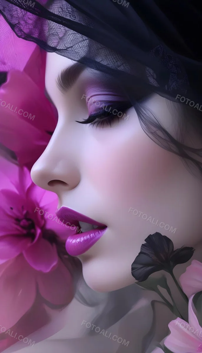 Digital Painting A White Woman 22 Years Old Black Lips And Black Eyeshadow Black Veil Pink Flower In The Foreground Pink Background Bold And Slim Lines Brush Strokes 8 1d5c