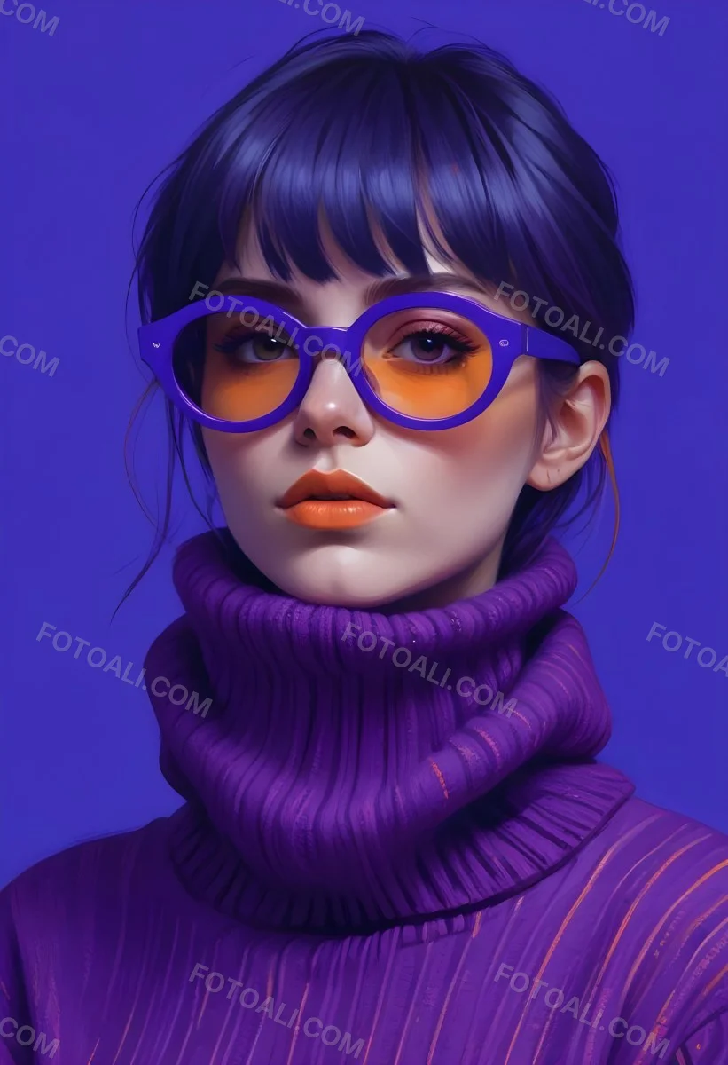 Digital Painting A White Woman 23 Years Old With Orange Hair And Purple Turtleneck Sweater Wearing Purple Glasses With Orange Lenses In A Purple Background Bold And Slim Lines Brush Strokes 18 13b3