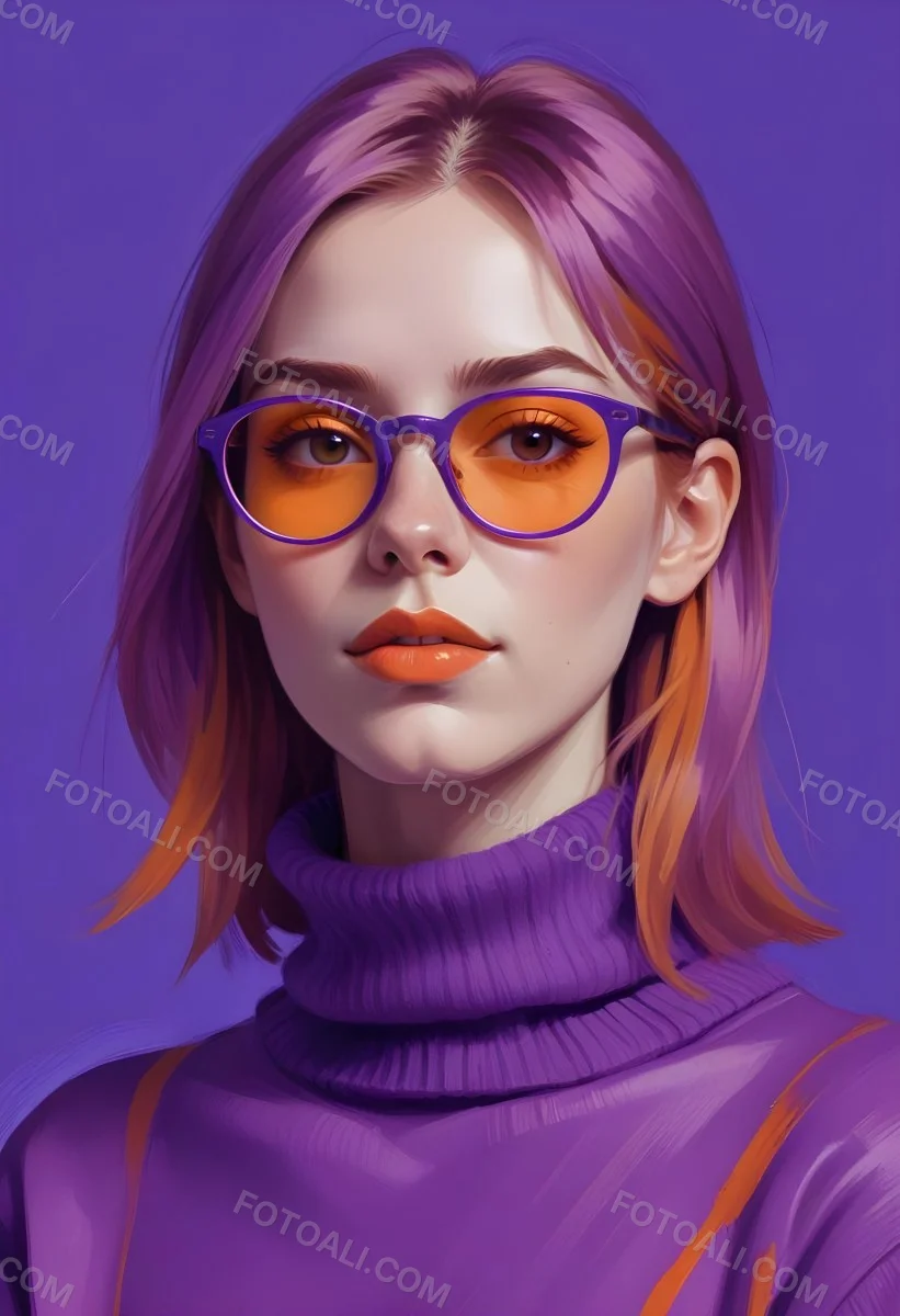 Digital Painting A White Woman 23 Years Old With Orange Hair And Purple Turtleneck Sweater Wearing Purple Glasses With Orange Lenses In A Purple Background Bold And Slim Lines Brush Strokes 6 F5d8