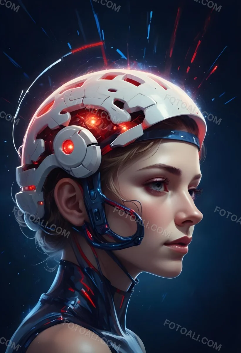 Digital Painting A White Woman 25 Years Old With A Brain Shaped Helmet With Glowing Parts Wearing A Metallic Diadem In A Dark Blue Space Background With Red And Blue Lights Bold And Slim Lines Brush Strokes 1 C264