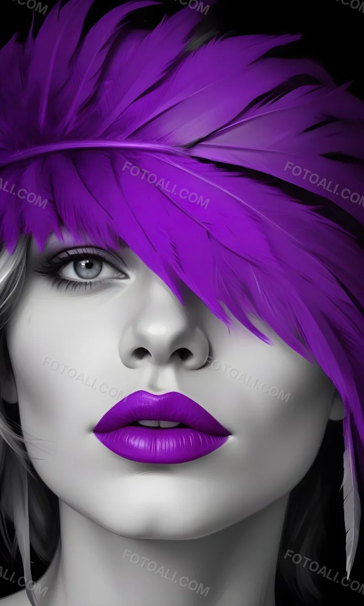 Digital Painting A White Woman 25 Years Old With Purple Lips And A Purple Feather Hat Black And White Face Gray Background Bold And Slim Lines Brush Strokes 1 9a36