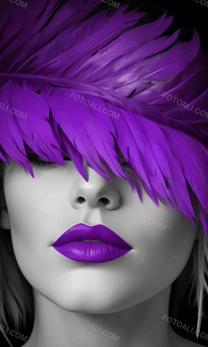 Digital Painting A White Woman 25 Years Old With Purple Lips And A Purple Feather Hat Black And White Face Gray Background Bold And Slim Lines Brush Strokes 15 4e3d