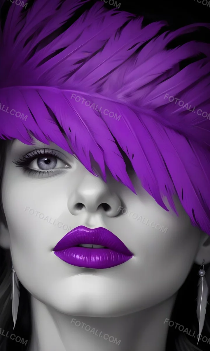 Digital Painting A White Woman 25 Years Old With Purple Lips And A Purple Feather Hat Black And White Face Gray Background Bold And Slim Lines Brush Strokes 18 D8f5