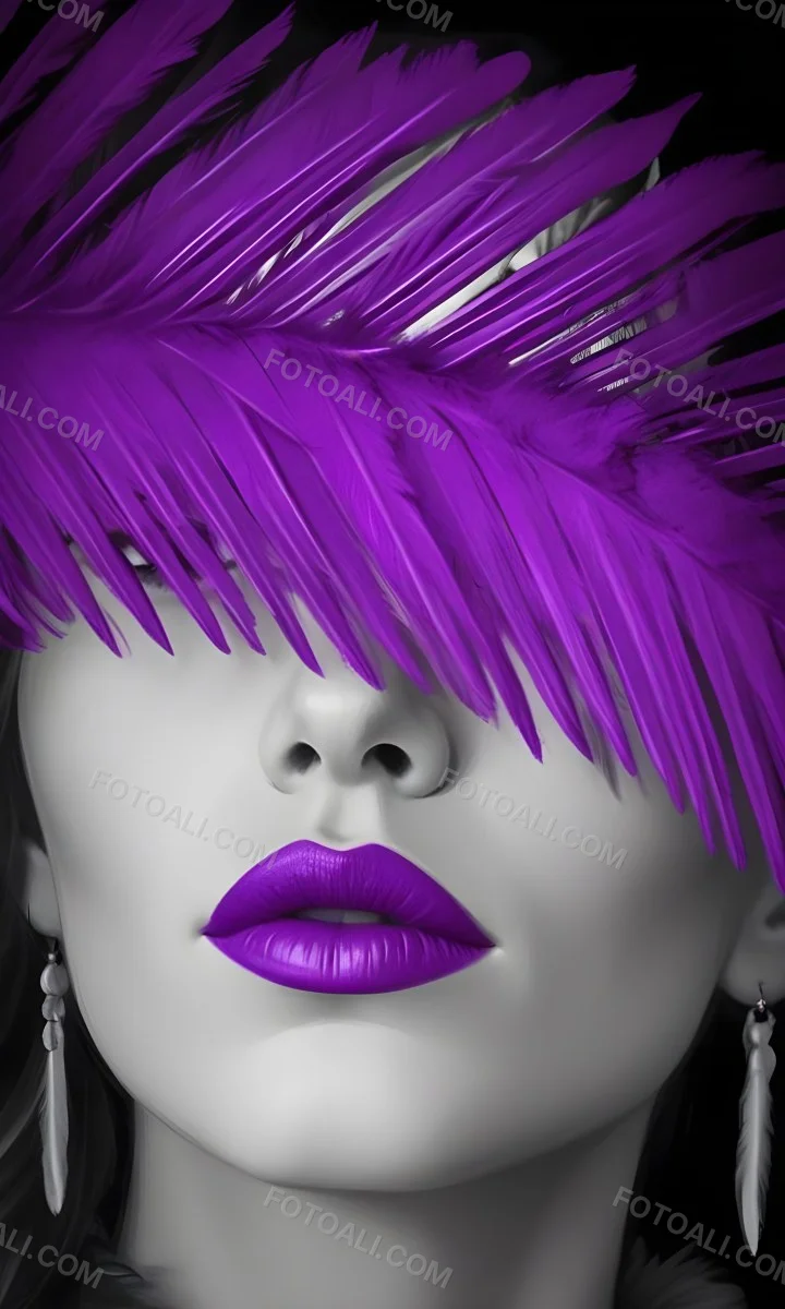 Digital Painting A White Woman 25 Years Old With Purple Lips And A Purple Feather Hat Black And White Face Gray Background Bold And Slim Lines Brush Strokes 24 0f87