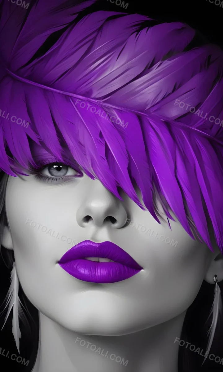 Digital Painting A White Woman 25 Years Old With Purple Lips And A Purple Feather Hat Black And White Face Gray Background Bold And Slim Lines Brush Strokes 33 Ce76