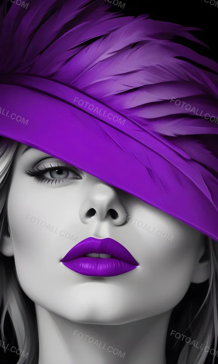 Digital Painting A White Woman 25 Years Old With Purple Lips And A Purple Feather Hat Black And White Face Gray Background Bold And Slim Lines Brush Strokes 34 3f44