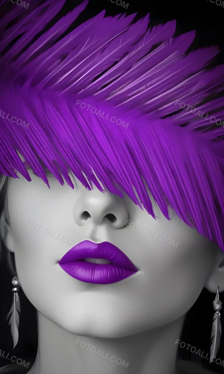 Digital Painting A White Woman 25 Years Old With Purple Lips And A Purple Feather Hat Black And White Face Gray Background Bold And Slim Lines Brush Strokes 35 4d3a