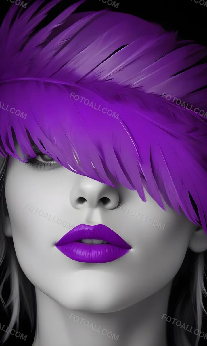 Digital Painting A White Woman 25 Years Old With Purple Lips And A Purple Feather Hat Black And White Face Gray Background Bold And Slim Lines Brush Strokes 37 0ff6