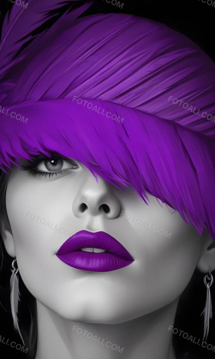 Digital Painting A White Woman 25 Years Old With Purple Lips And A Purple Feather Hat Black And White Face Gray Background Bold And Slim Lines Brush Strokes 4 B81f