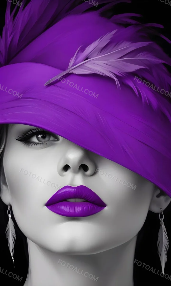 Digital Painting A White Woman 25 Years Old With Purple Lips And A Purple Feather Hat Black And White Face Gray Background Bold And Slim Lines Brush Strokes 7 905f