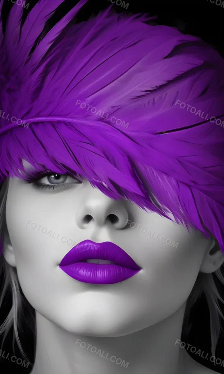 Digital Painting A White Woman 25 Years Old With Purple Lips And A Purple Feather Hat Black And White Face Gray Background Bold And Slim Lines Brush Strokes 9 630d