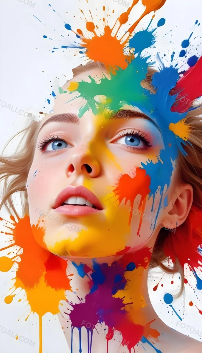 Digital Painting A White Woman Age 25 With Light Skin And Blue Eyes Looking Up Colorful Paint Splatters On Her Face White Background Bold And Slim Lines Brush Strokes 11 6216