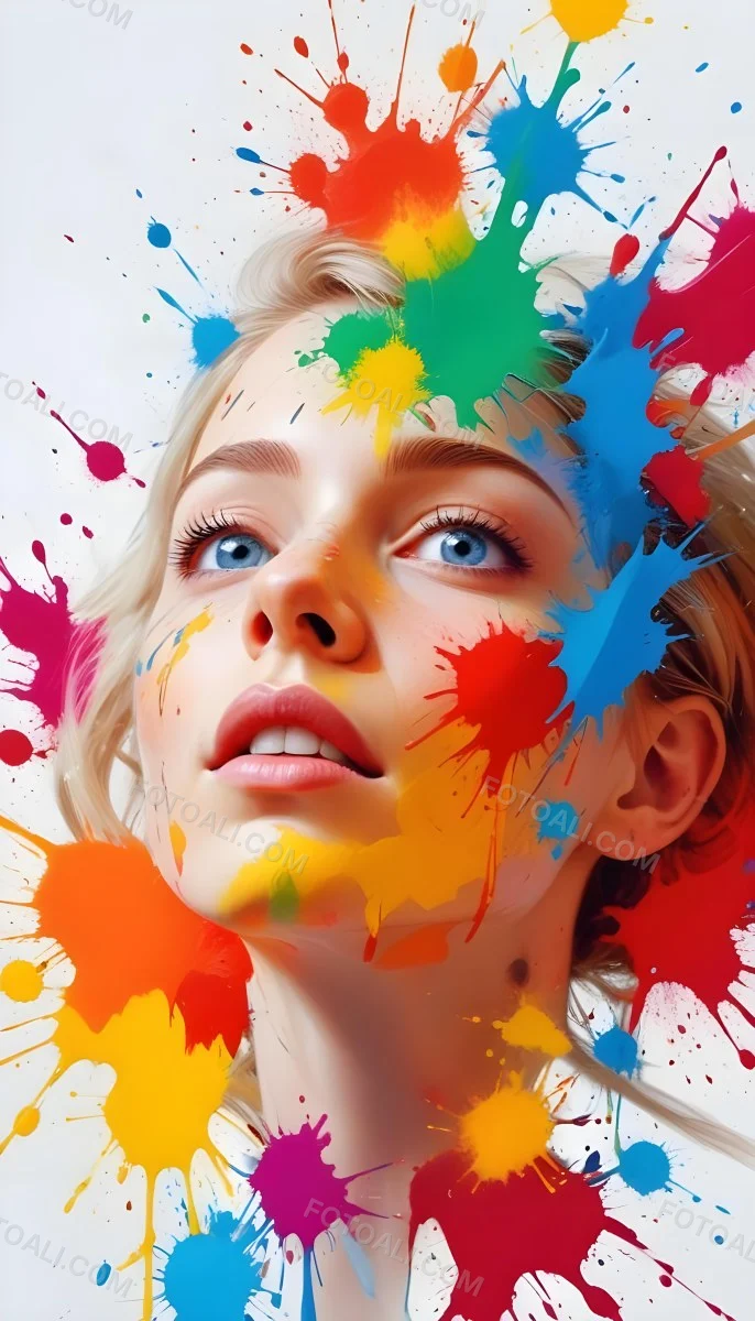 Digital Painting A White Woman Age 25 With Light Skin And Blue Eyes Looking Up Colorful Paint Splatters On Her Face White Background Bold And Slim Lines Brush Strokes 17 1221