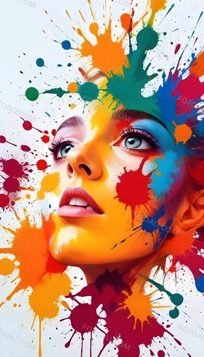 Digital Painting A White Woman Age 25 With Light Skin And Blue Eyes Looking Up Colorful Paint Splatters On Her Face White Background Bold And Slim Lines Brush Strokes 20 80c5