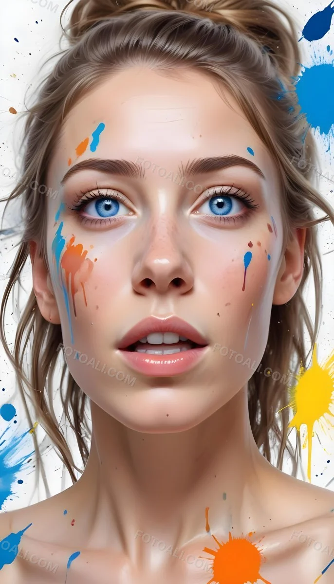 Digital Painting A White Woman Age 25 With Light Skin And Blue Eyes Looking Up Colorful Paint Splatters On Her Face White Background Bold And Slim Lines Brush Strokes 38 Be23