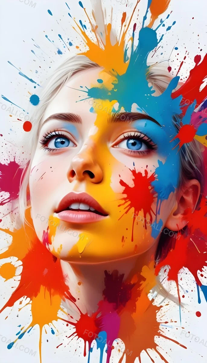 Digital Painting A White Woman Age 25 With Light Skin And Blue Eyes Looking Up Colorful Paint Splatters On Her Face White Background Bold And Slim Lines Brush Strokes 41 D698