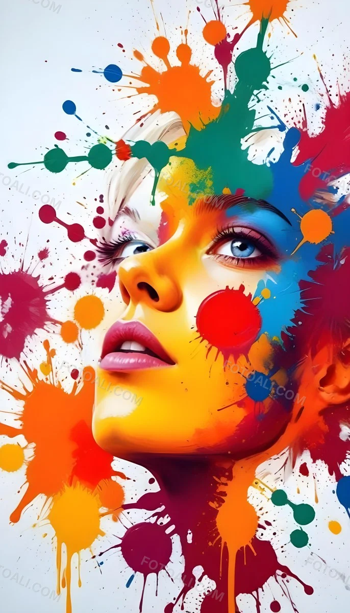 Digital Painting A White Woman Age 25 With Light Skin And Blue Eyes Looking Up Colorful Paint Splatters On Her Face White Background Bold And Slim Lines Brush Strokes 45 552a
