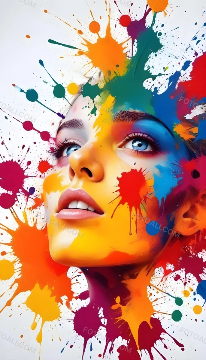 Digital Painting A White Woman Age 25 With Light Skin And Blue Eyes Looking Up Colorful Paint Splatters On Her Face White Background Bold And Slim Lines Brush Strokes 5 A589
