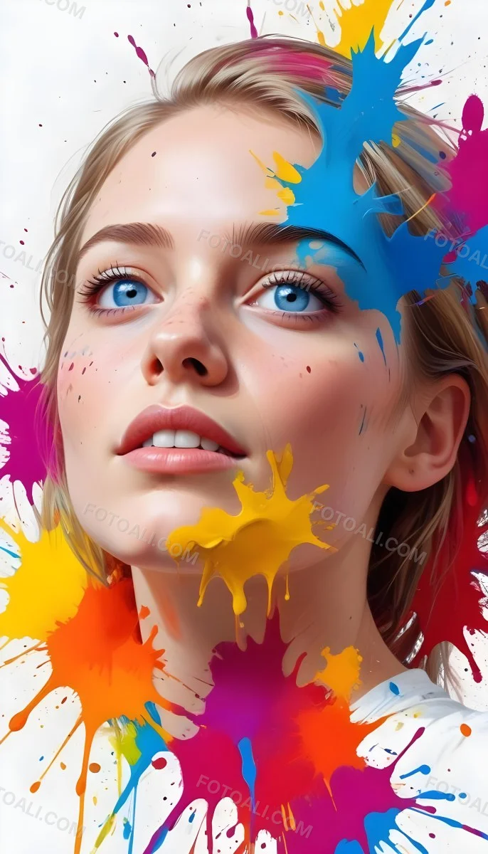 Digital Painting A White Woman Age 25 With Light Skin And Blue Eyes Looking Up Colorful Paint Splatters On Her Face White Background Bold And Slim Lines Brush Strokes 6 Af8b