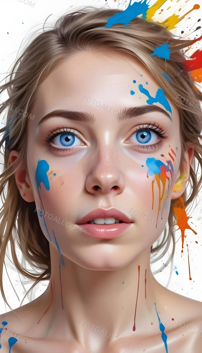 Digital Painting A White Woman Age 25 With Light Skin And Blue Eyes Looking Up Colorful Paint Splatters On Her Face White Background Bold And Slim Lines Brush Strokes 8 F15a