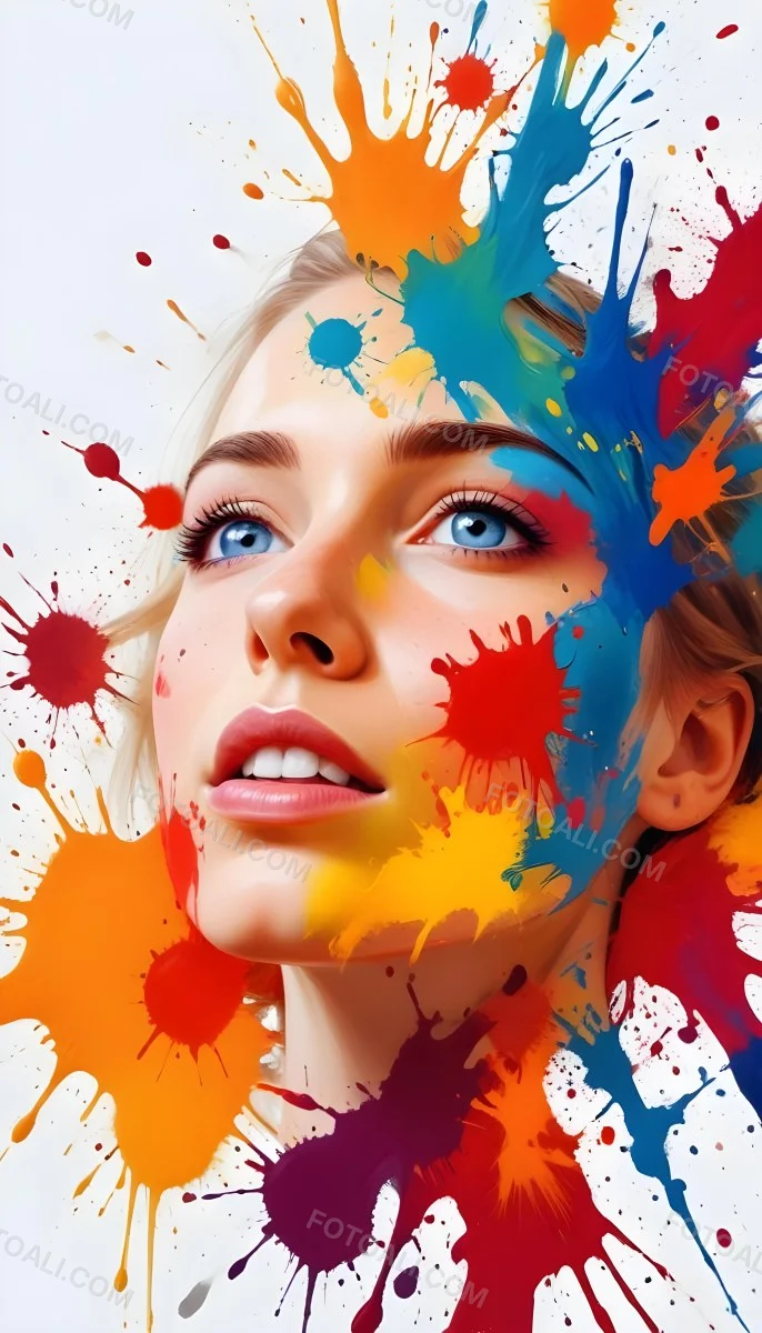 Digital Painting A White Woman Age 25 With Light Skin And Blue Eyes Looking Up Colorful Paint Splatters On Her Face White Background Bold And Slim Lines Brush Strokes 9 Ffe7
