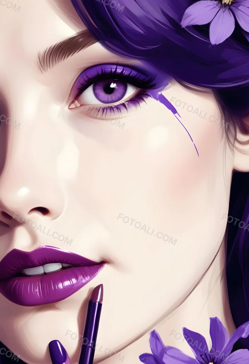 Digital Painting A White Woman Age 25 With Purple Lipstick And Nails With A White Background And Purple Flowers And Nail Polish Bold And Slim Lines Brush Strokes 1 B503