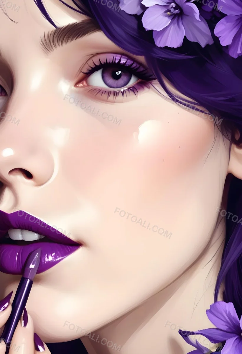 Digital Painting A White Woman Age 25 With Purple Lipstick And Nails With A White Background And Purple Flowers And Nail Polish Bold And Slim Lines Brush Strokes 2 Fc94