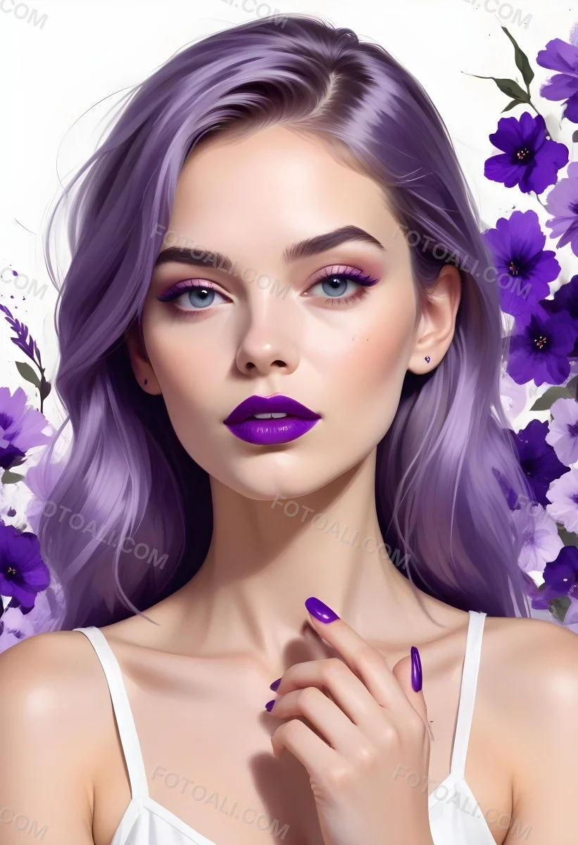 Digital Painting A White Woman Age 25 With Purple Lipstick And Nails With A White Background And Purple Flowers And Nail Polish Bold And Slim Lines Brush Strokes 3 C6b2