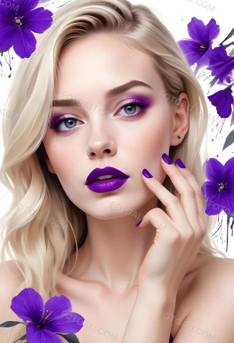 Digital Painting A White Woman Age 25 With Purple Lipstick And Nails With A White Background And Purple Flowers And Nail Polish Bold And Slim Lines Brush Strokes 4 3564