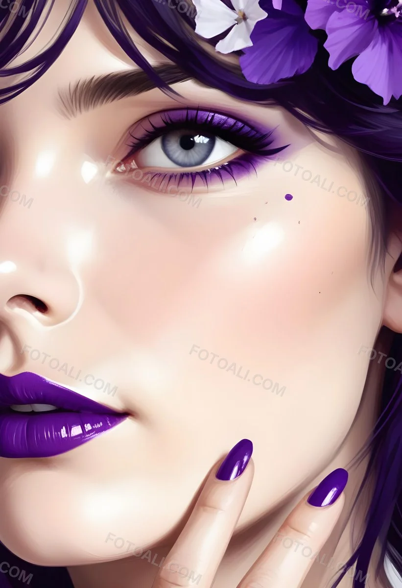 Digital Painting A White Woman Age 25 With Purple Lipstick And Nails With A White Background And Purple Flowers And Nail Polish Bold And Slim Lines Brush Strokes 5 79ef