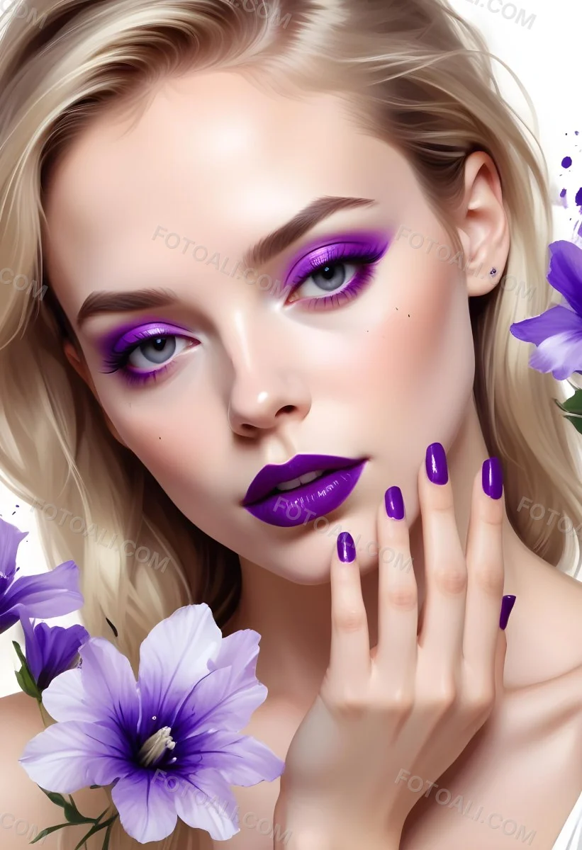 Digital Painting A White Woman Age 25 With Purple Lipstick And Nails With A White Background And Purple Flowers And Nail Polish Bold And Slim Lines Brush Strokes 6 4f34