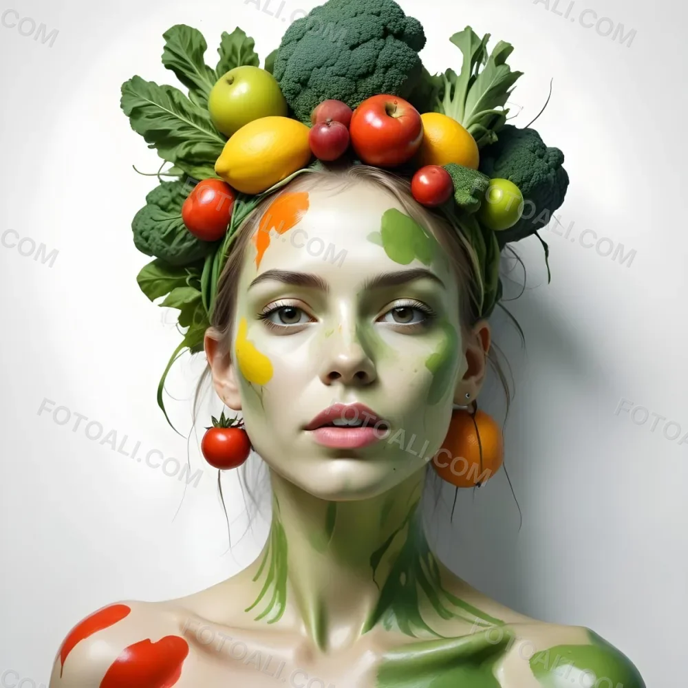 Digital Painting A White Woman Green Skin 25 Years Old With Fruits And Vegetables On Her Head And Body White Background Bold And Slim Lines Brush Strokes 13 19cb