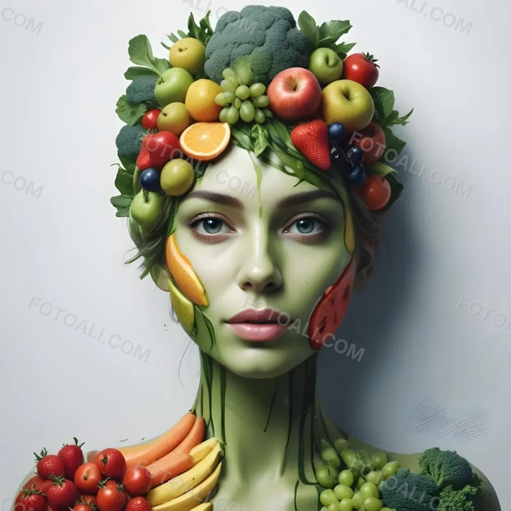 Digital Painting A White Woman Green Skin 25 Years Old With Fruits And Vegetables On Her Head And Body White Background Bold And Slim Lines Brush Strokes 20 E94d