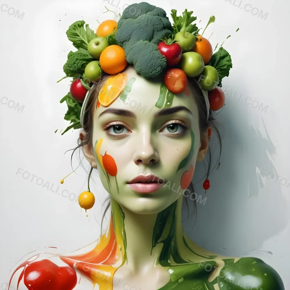Digital Painting A White Woman Green Skin 25 Years Old With Fruits And Vegetables On Her Head And Body White Background Bold And Slim Lines Brush Strokes 22 396c