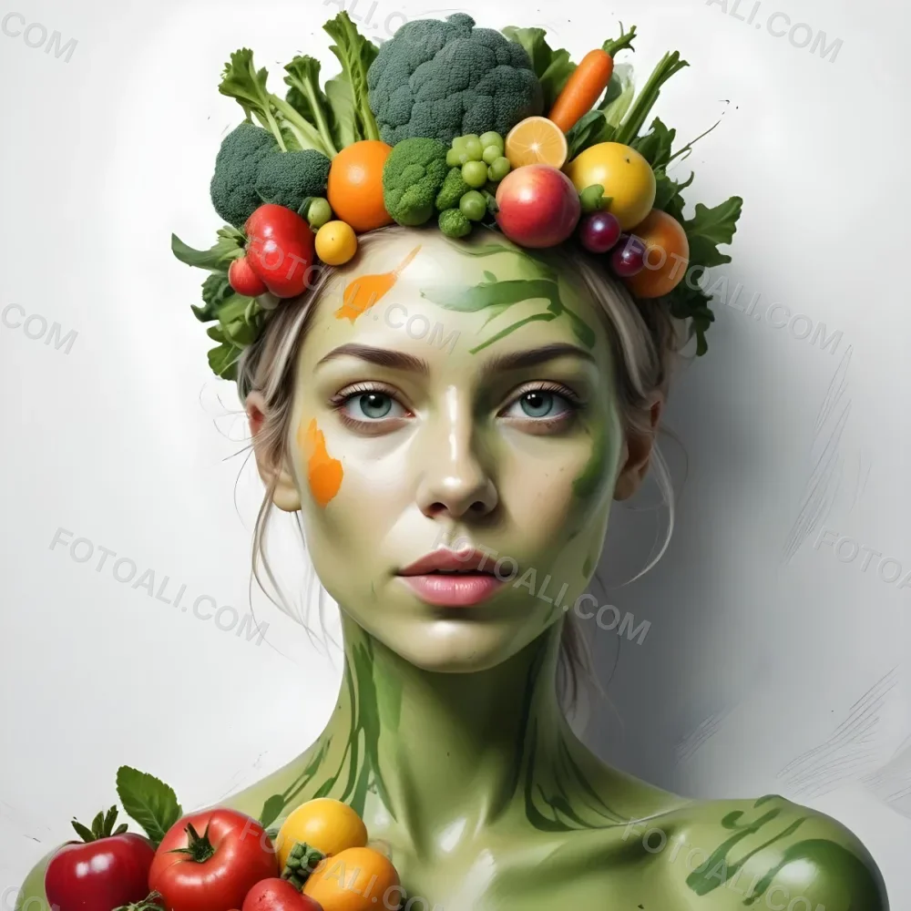 Digital Painting A White Woman Green Skin 25 Years Old With Fruits And Vegetables On Her Head And Body White Background Bold And Slim Lines Brush Strokes 25 0eb2