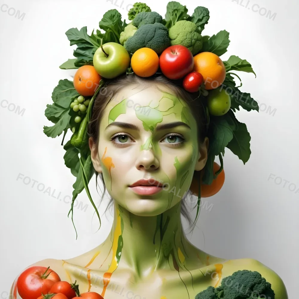 Digital Painting A White Woman Green Skin 25 Years Old With Fruits And Vegetables On Her Head And Body White Background Bold And Slim Lines Brush Strokes 27 7041