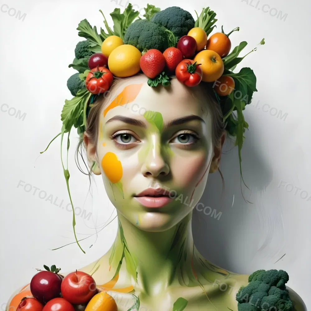 Digital Painting A White Woman Green Skin 25 Years Old With Fruits And Vegetables On Her Head And Body White Background Bold And Slim Lines Brush Strokes 36 479f