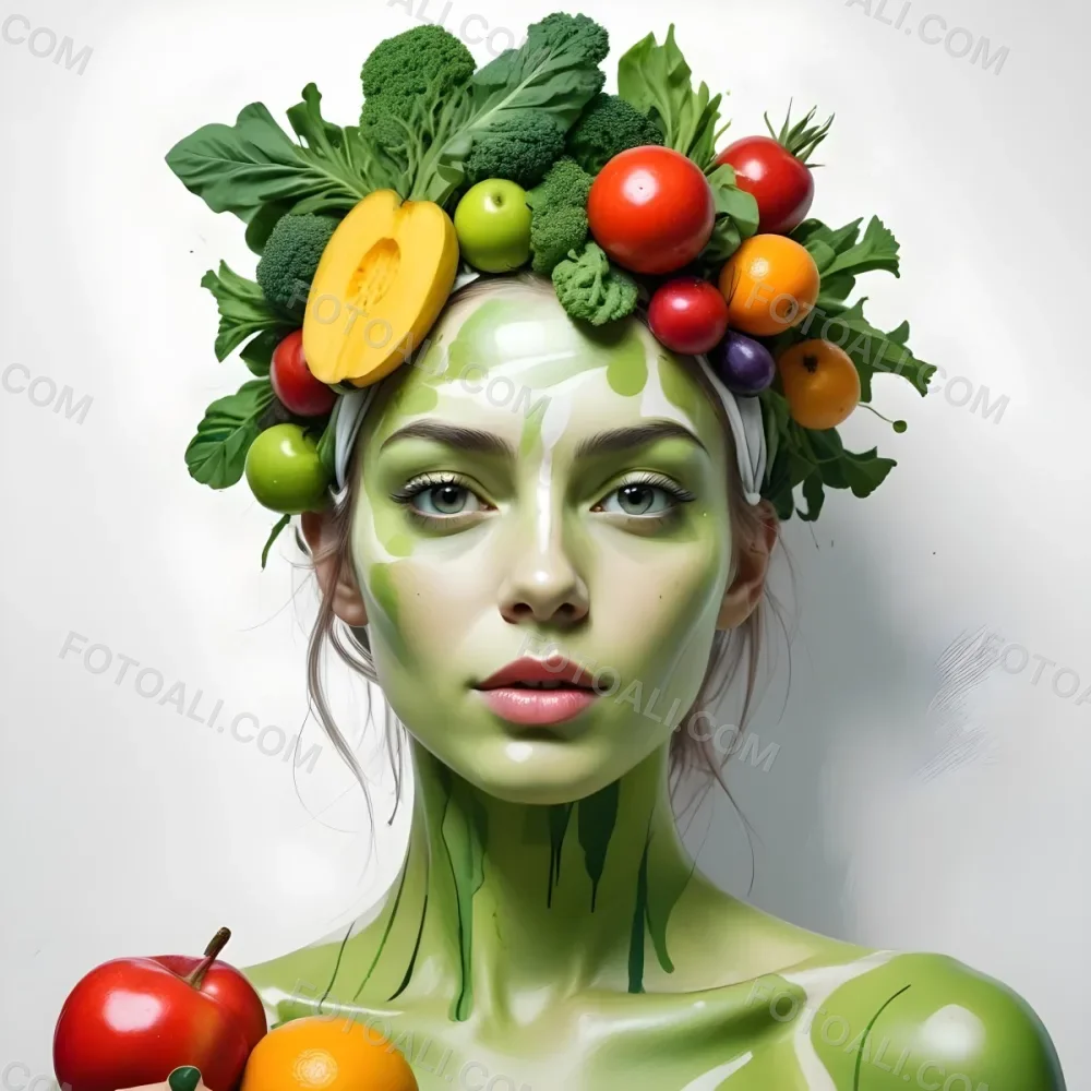 Digital Painting A White Woman Green Skin 25 Years Old With Fruits And Vegetables On Her Head And Body White Background Bold And Slim Lines Brush Strokes 43 E2d5