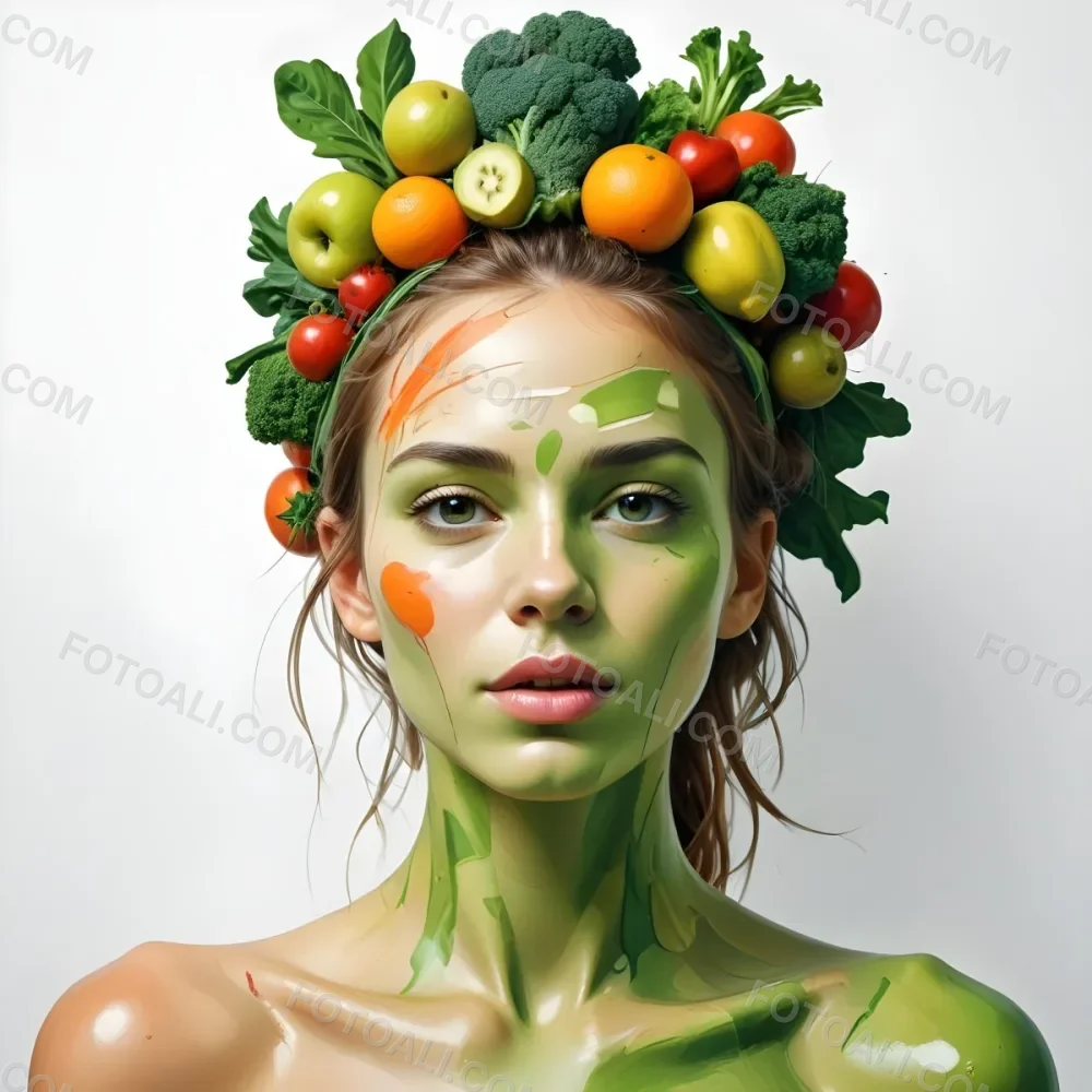 Digital Painting A White Woman Green Skin 25 Years Old With Fruits And Vegetables On Her Head And Body White Background Bold And Slim Lines Brush Strokes 44 F169