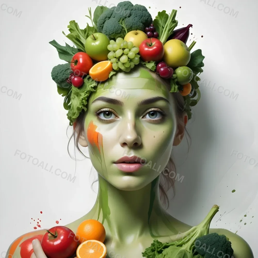 Digital Painting A White Woman Green Skin 25 Years Old With Fruits And Vegetables On Her Head And Body White Background Bold And Slim Lines Brush Strokes 48 F7a3