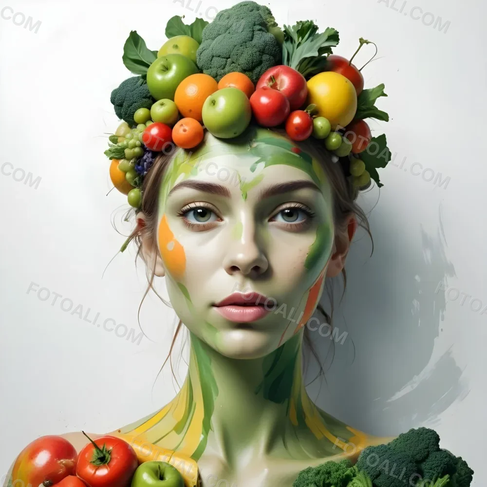 Digital Painting A White Woman Green Skin 25 Years Old With Fruits And Vegetables On Her Head And Body White Background Bold And Slim Lines Brush Strokes 6 F5a9