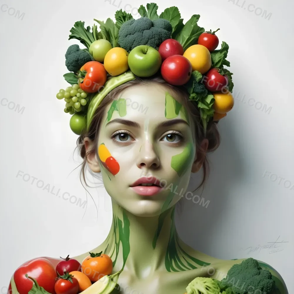 Digital Painting A White Woman Green Skin 25 Years Old With Fruits And Vegetables On Her Head And Body White Background Bold And Slim Lines Brush Strokes 7 184d